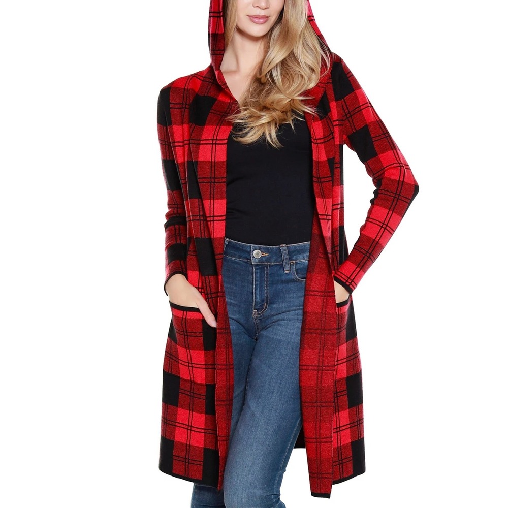 Belldini Womens Red Black Buffalo Plaid Hooded Open Front Cardigan Plus 2X NWT